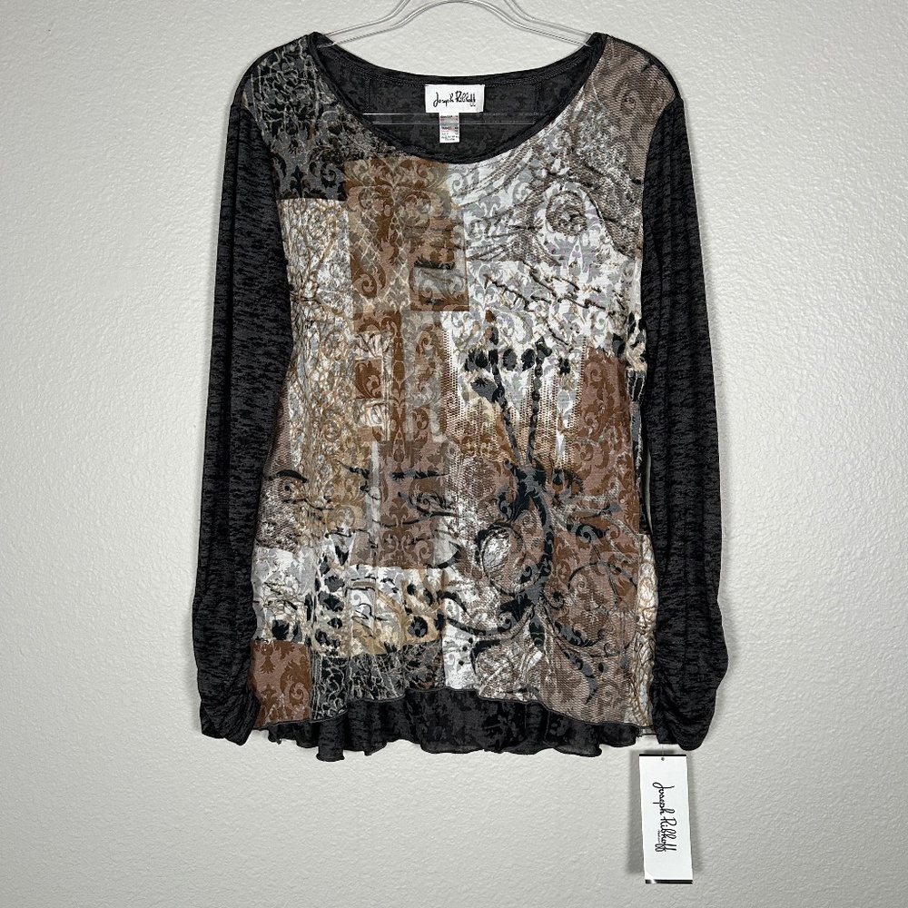 Joseph Ribkoff size 14 long sleeve top burnout gray brown art to wear semi sheer